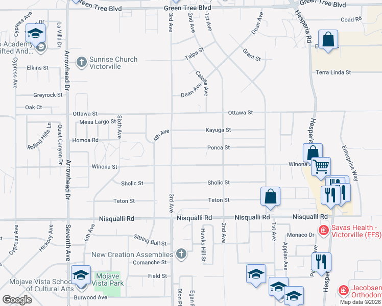 map of restaurants, bars, coffee shops, grocery stores, and more near 16606 Winona Street in Victorville