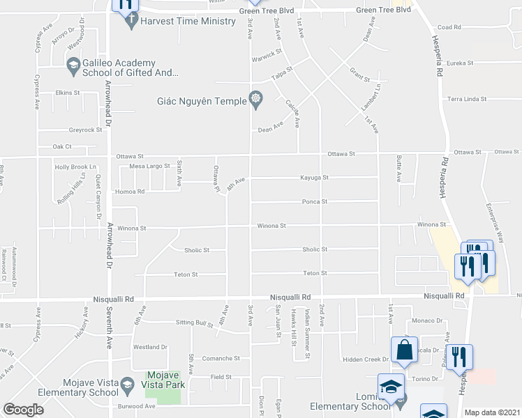 map of restaurants, bars, coffee shops, grocery stores, and more near 16532 Winona Street in Victorville