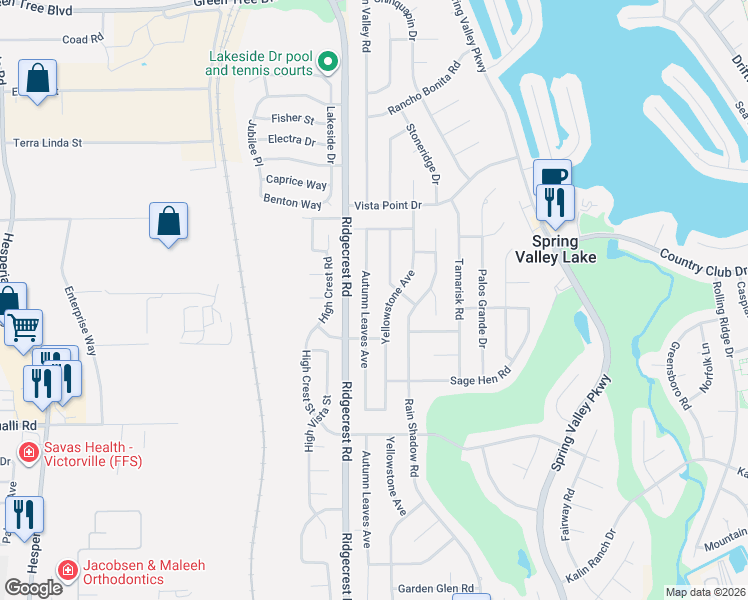 map of restaurants, bars, coffee shops, grocery stores, and more near 13120 Yellowstone Avenue in Victorville
