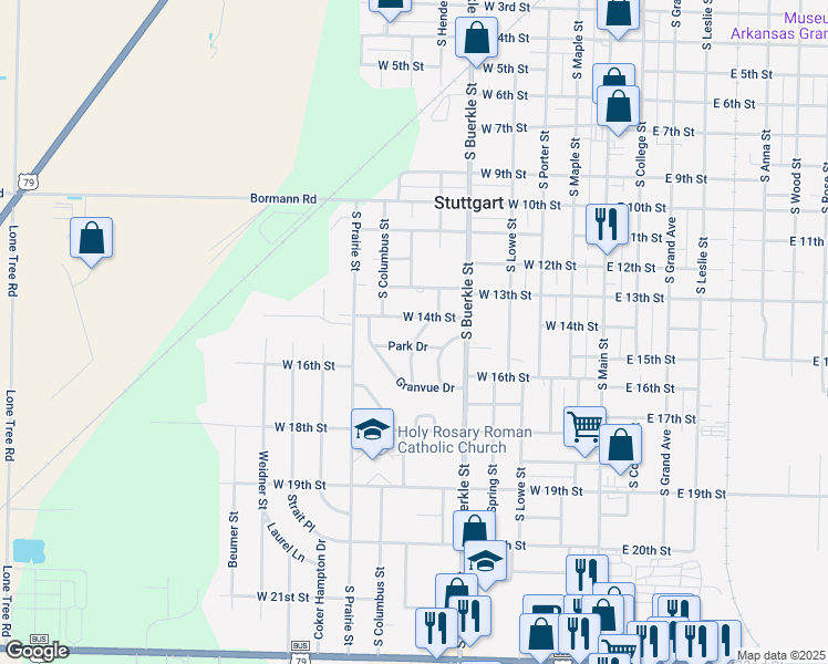map of restaurants, bars, coffee shops, grocery stores, and more near 706 West 15th Street in Stuttgart