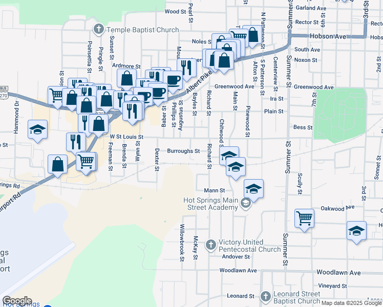 map of restaurants, bars, coffee shops, grocery stores, and more near 107 Burroughs Street in Hot Springs