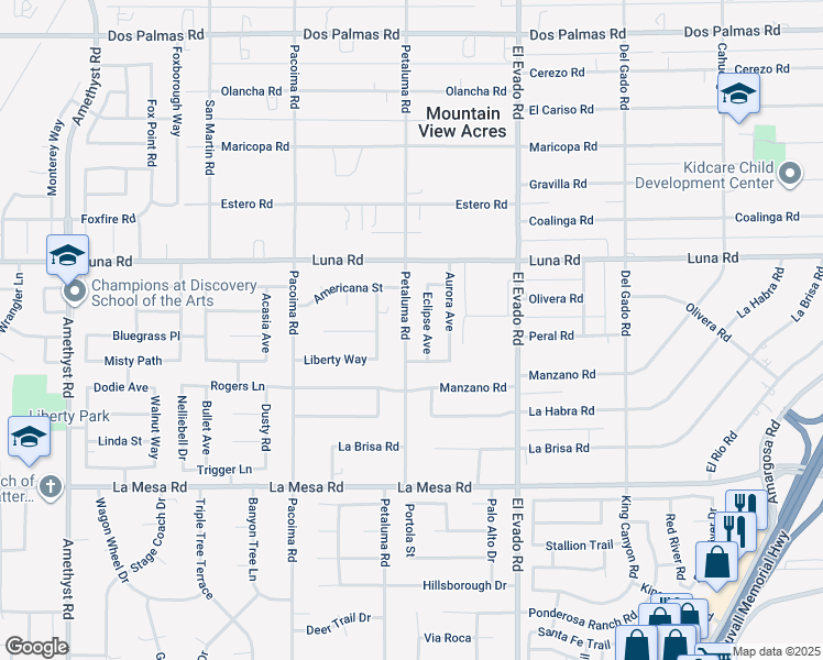 map of restaurants, bars, coffee shops, grocery stores, and more near 13177 Petaluma Road in Victorville