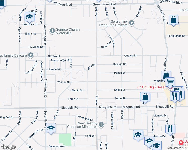 map of restaurants, bars, coffee shops, grocery stores, and more near 13150 3rd Street in Victorville