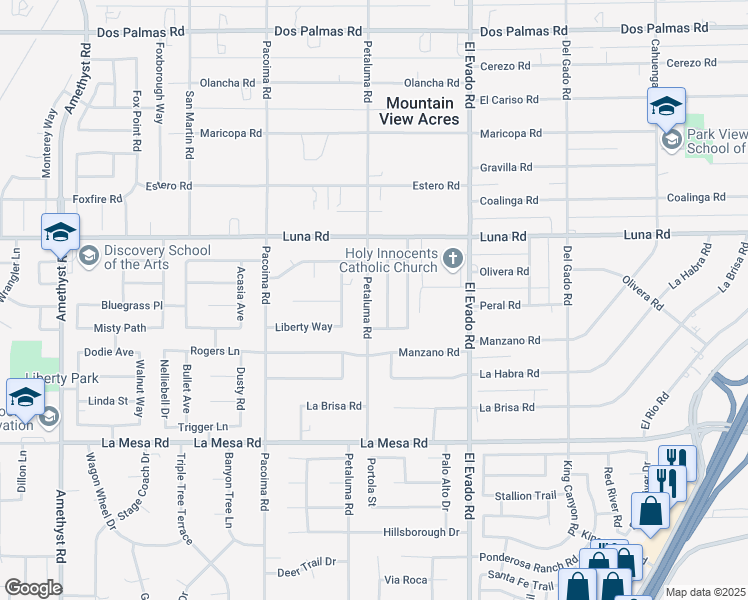 map of restaurants, bars, coffee shops, grocery stores, and more near 13177 Petaluma Road in Victorville