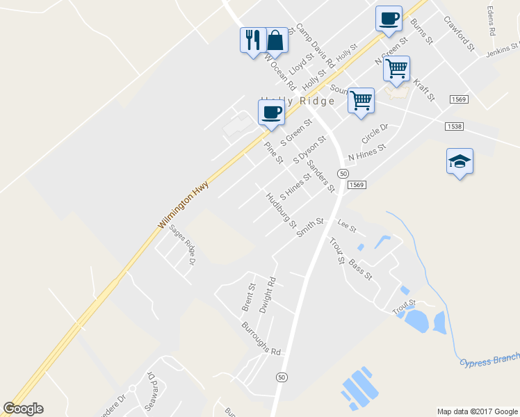 map of restaurants, bars, coffee shops, grocery stores, and more near 409 Hines Street in Holly Ridge