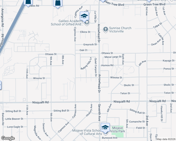 map of restaurants, bars, coffee shops, grocery stores, and more near 13153 Sleepy Ridge Lane in Victorville