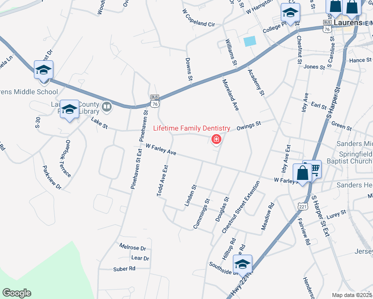map of restaurants, bars, coffee shops, grocery stores, and more near 428 West Farley Avenue in Laurens