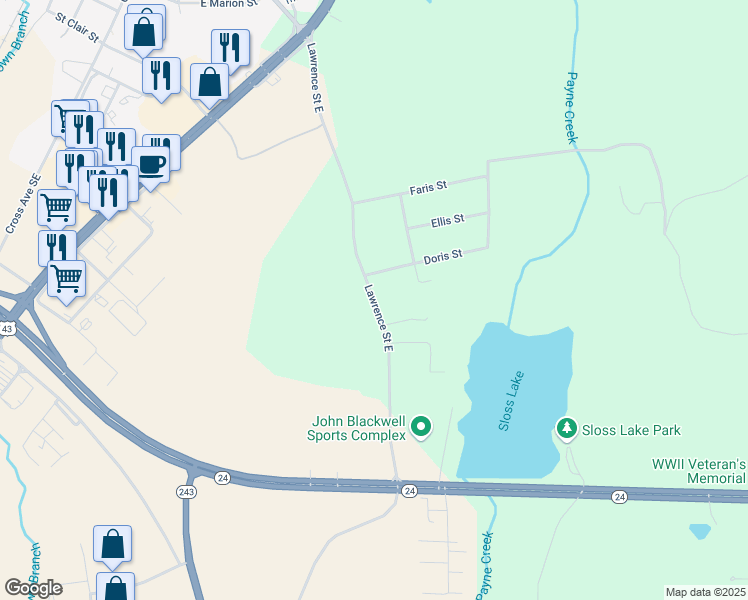 map of restaurants, bars, coffee shops, grocery stores, and more near 1570 Lawrence Street East in Russellville