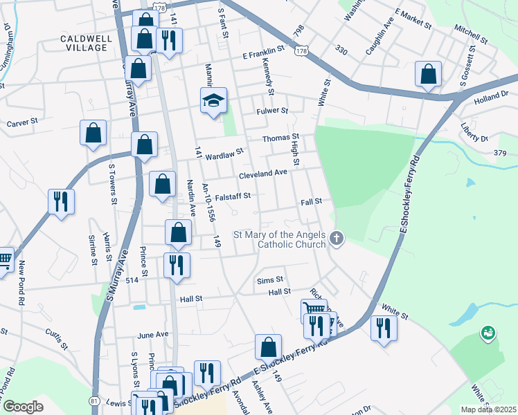 map of restaurants, bars, coffee shops, grocery stores, and more near 1700 South Fant Street in Anderson