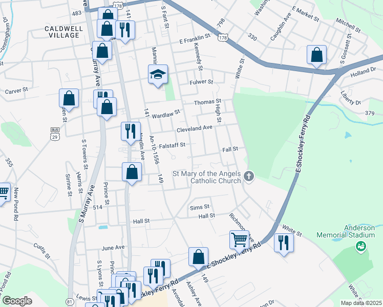 map of restaurants, bars, coffee shops, grocery stores, and more near 1700 South Fant Street in Anderson