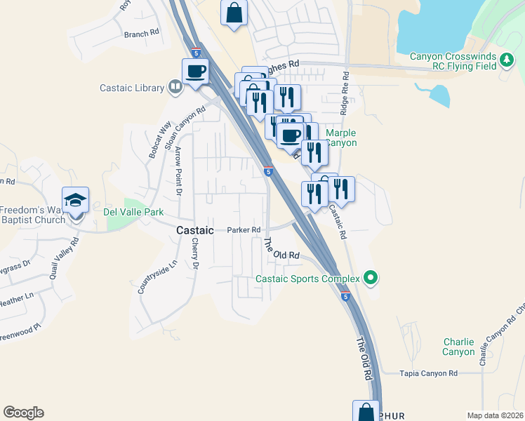 map of restaurants, bars, coffee shops, grocery stores, and more near 31423 Arena Drive in Castaic