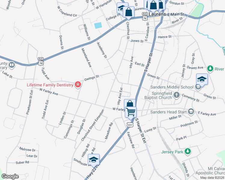 map of restaurants, bars, coffee shops, grocery stores, and more near 402 Irby Avenue Extension in Laurens