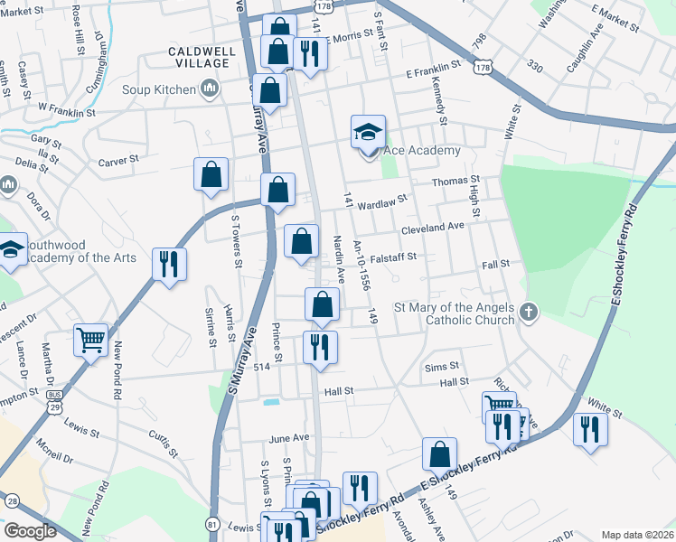 map of restaurants, bars, coffee shops, grocery stores, and more near 1602 Nardin Avenue in Anderson