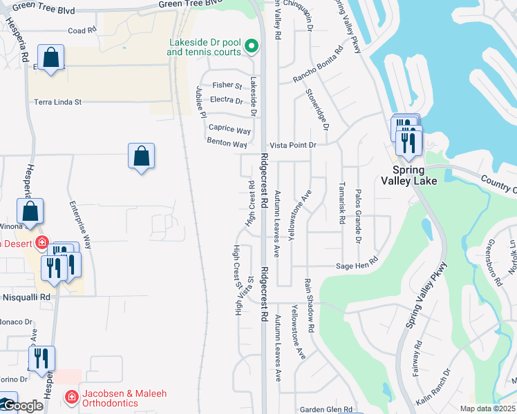 map of restaurants, bars, coffee shops, grocery stores, and more near 13111 High Crest Road in Victorville
