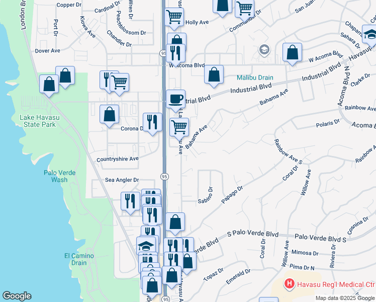 map of restaurants, bars, coffee shops, grocery stores, and more near 1720 Bahama Avenue in Lake Havasu City