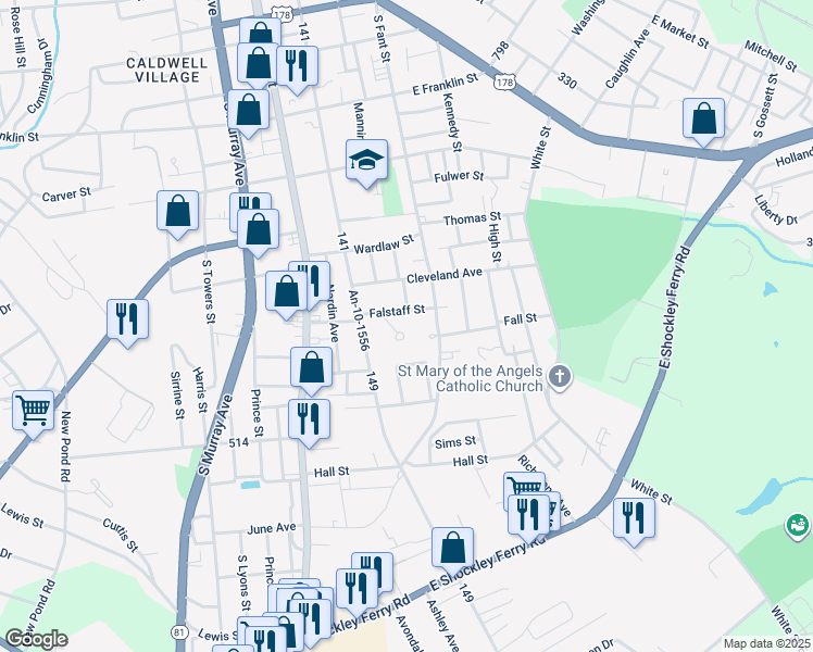 map of restaurants, bars, coffee shops, grocery stores, and more near 1609 Meadow Brook Circle in Anderson