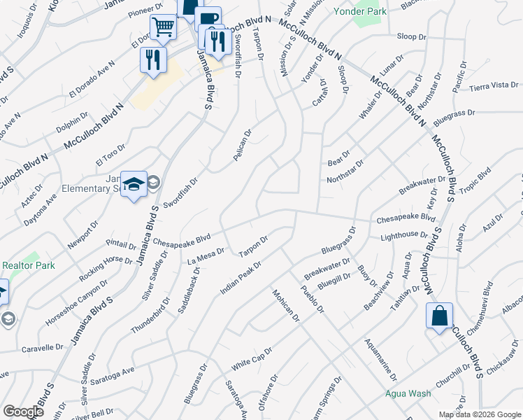 map of restaurants, bars, coffee shops, grocery stores, and more near 3606 Chesapeake Boulevard in Lake Havasu City