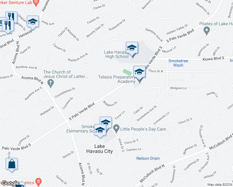 map of restaurants, bars, coffee shops, grocery stores, and more near 2480 Palo Verde Boulevard South in Lake Havasu City