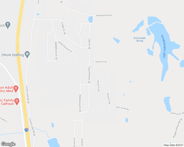 map of restaurants, bars, coffee shops, grocery stores, and more near 142 Thornwood Drive Southeast in Calhoun