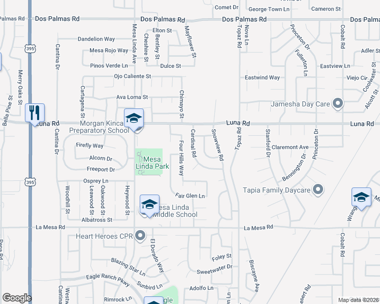 map of restaurants, bars, coffee shops, grocery stores, and more near 13194 Cardinal Road in Victorville