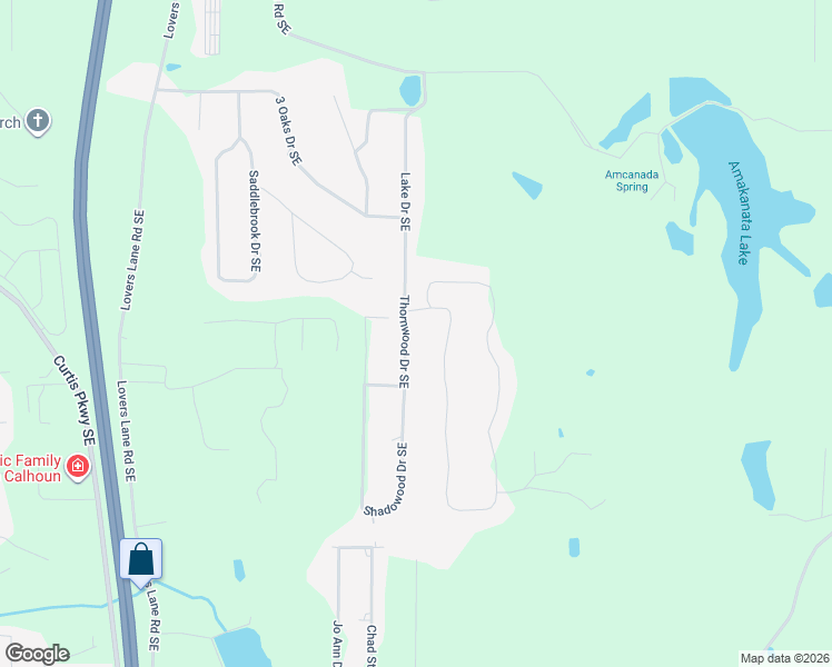map of restaurants, bars, coffee shops, grocery stores, and more near 142 Thornwood Drive Southeast in Calhoun