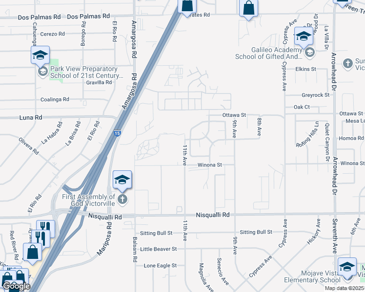 map of restaurants, bars, coffee shops, grocery stores, and more near 13300 11th Avenue in Victorville
