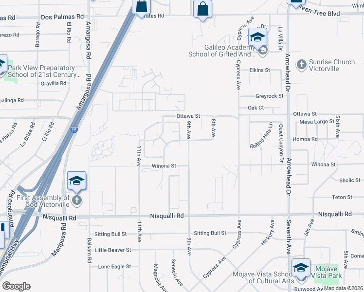 map of restaurants, bars, coffee shops, grocery stores, and more near 13177 Choctaw Lane in Victorville