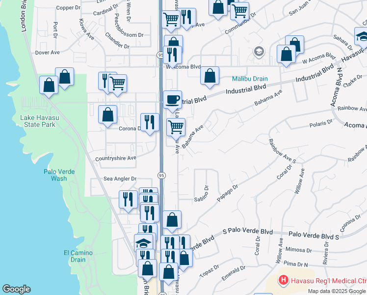 map of restaurants, bars, coffee shops, grocery stores, and more near 549 North Lake Havasu Avenue in Lake Havasu City