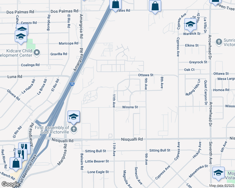 map of restaurants, bars, coffee shops, grocery stores, and more near 13182 Kootenay Way in Victorville
