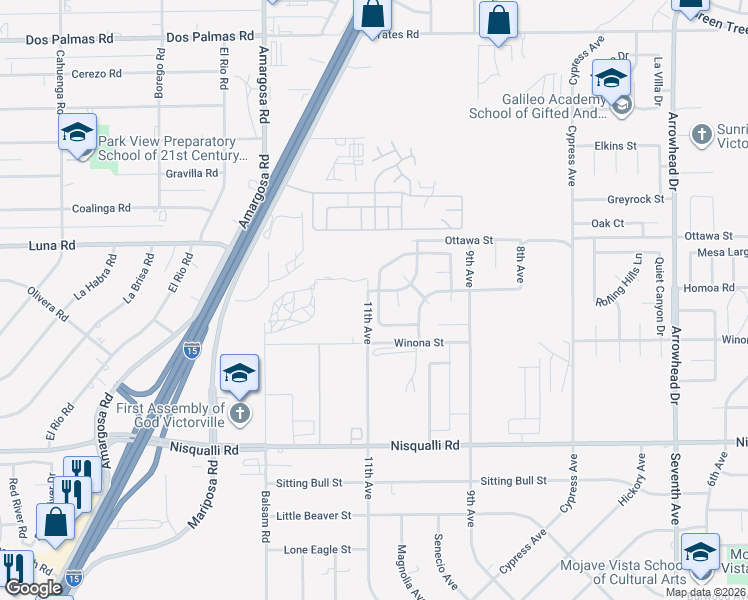 map of restaurants, bars, coffee shops, grocery stores, and more near 13182 Kootenay Way in Victorville