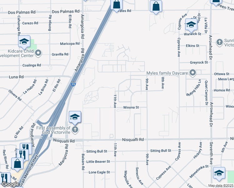 map of restaurants, bars, coffee shops, grocery stores, and more near 13182 Kootenay Way in Victorville