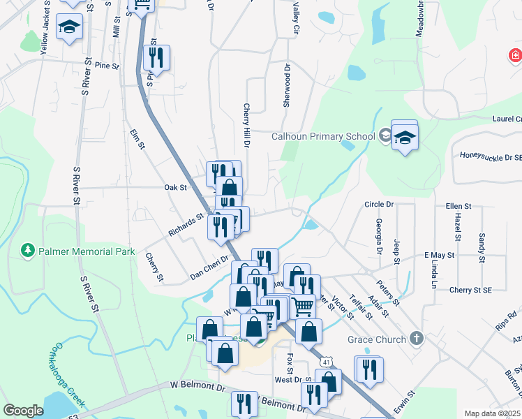 map of restaurants, bars, coffee shops, grocery stores, and more near 118 Peters Street in Calhoun