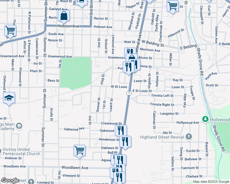 map of restaurants, bars, coffee shops, grocery stores, and more near 207 West Saint Louis in Hot Springs