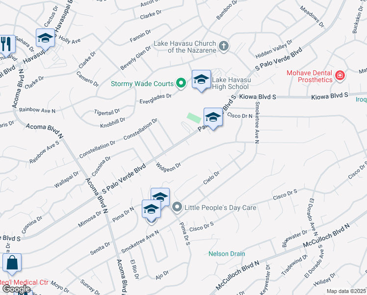 map of restaurants, bars, coffee shops, grocery stores, and more near 2520 Palo Verde Boulevard South in Lake Havasu City