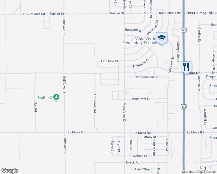 map of restaurants, bars, coffee shops, grocery stores, and more near 11568 Gayneswood Street in Victorville