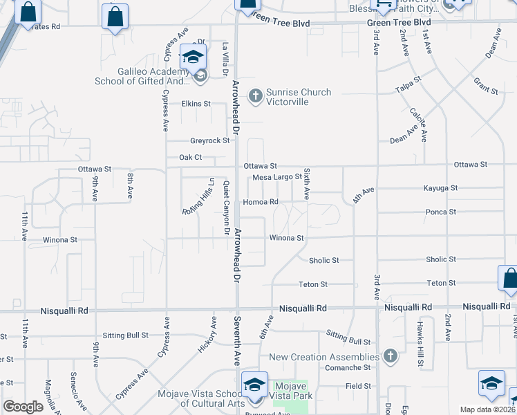 map of restaurants, bars, coffee shops, grocery stores, and more near 16195 Homoa Road in Victorville