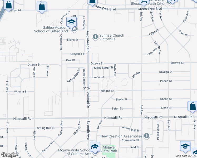 map of restaurants, bars, coffee shops, grocery stores, and more near 16179 Homoa Road in Victorville