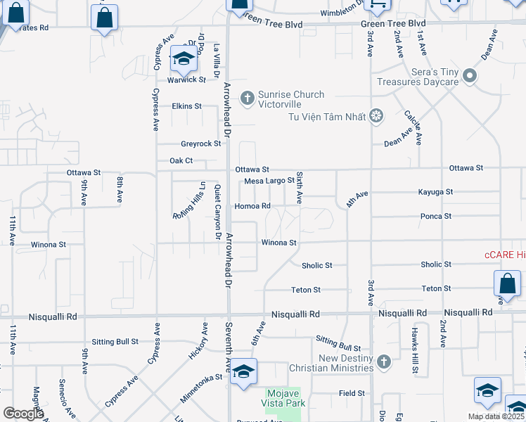 map of restaurants, bars, coffee shops, grocery stores, and more near 16195 Homoa Road in Victorville