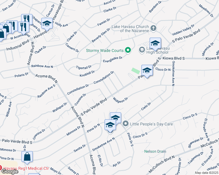 map of restaurants, bars, coffee shops, grocery stores, and more near 415 Hummingbird Drive in Lake Havasu City