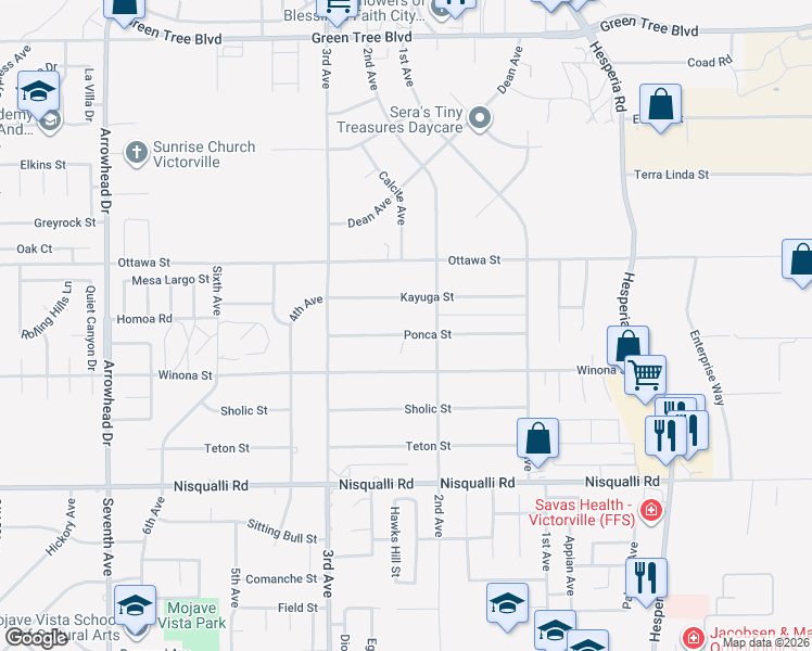 map of restaurants, bars, coffee shops, grocery stores, and more near 16642 Ponca Street in Victorville
