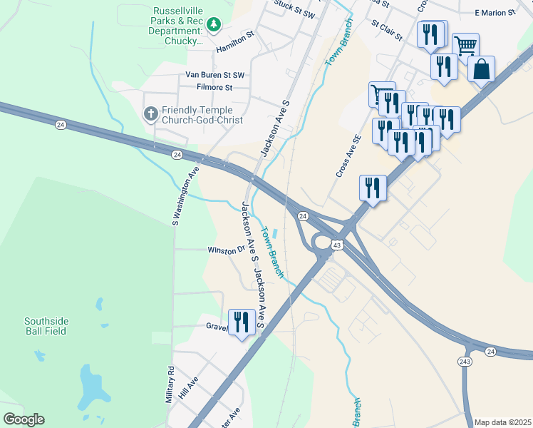 map of restaurants, bars, coffee shops, grocery stores, and more near 400 Jackson Avenue South in Russellville
