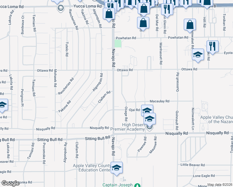 map of restaurants, bars, coffee shops, grocery stores, and more near 13176 Navajo Road in Apple Valley