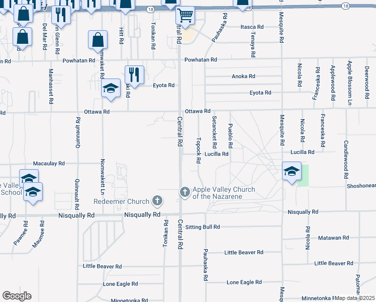 map of restaurants, bars, coffee shops, grocery stores, and more near 13117 Central Outerhighway East in Apple Valley