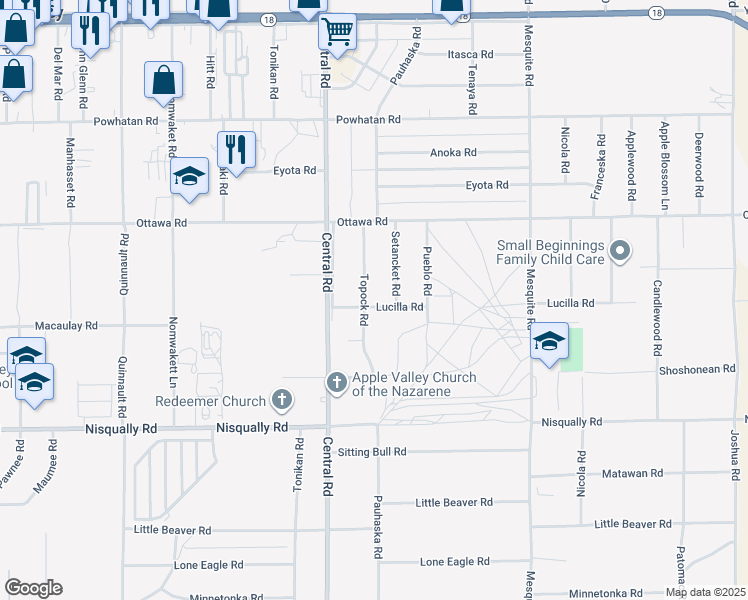 map of restaurants, bars, coffee shops, grocery stores, and more near 13145 Topock Road in Apple Valley