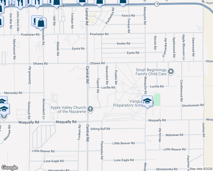 map of restaurants, bars, coffee shops, grocery stores, and more near 13156 Setancket Road in Apple Valley