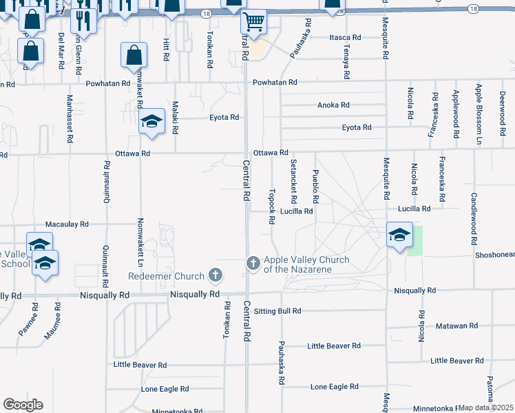 map of restaurants, bars, coffee shops, grocery stores, and more near 13157 Central Road in Apple Valley