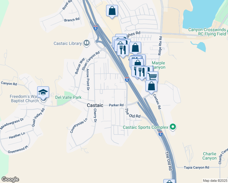 map of restaurants, bars, coffee shops, grocery stores, and more near 31512 Karena Avenue in Castaic
