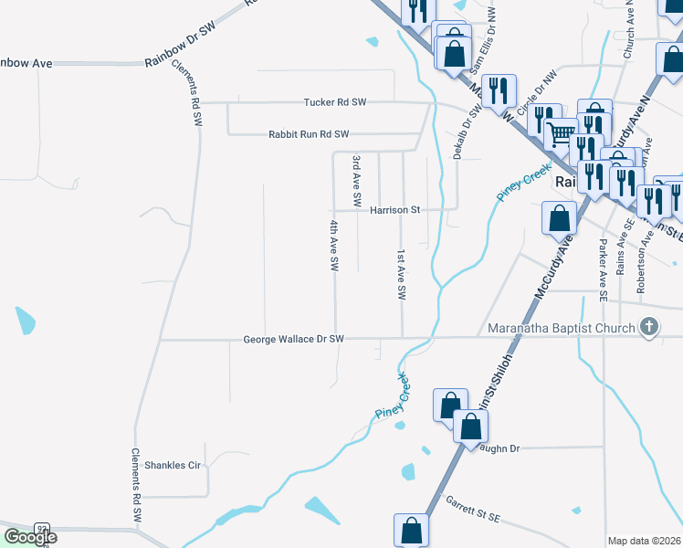map of restaurants, bars, coffee shops, grocery stores, and more near 294 4th Avenue Southwest in Rainsville