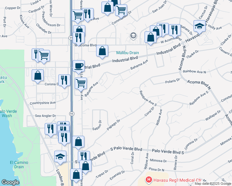 map of restaurants, bars, coffee shops, grocery stores, and more near 1835 Biscayne Lane in Lake Havasu City