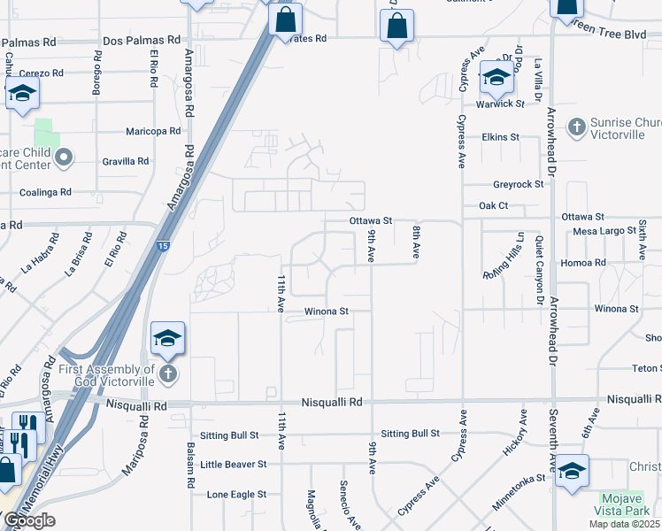 map of restaurants, bars, coffee shops, grocery stores, and more near 15618 Choctaw Street in Victorville